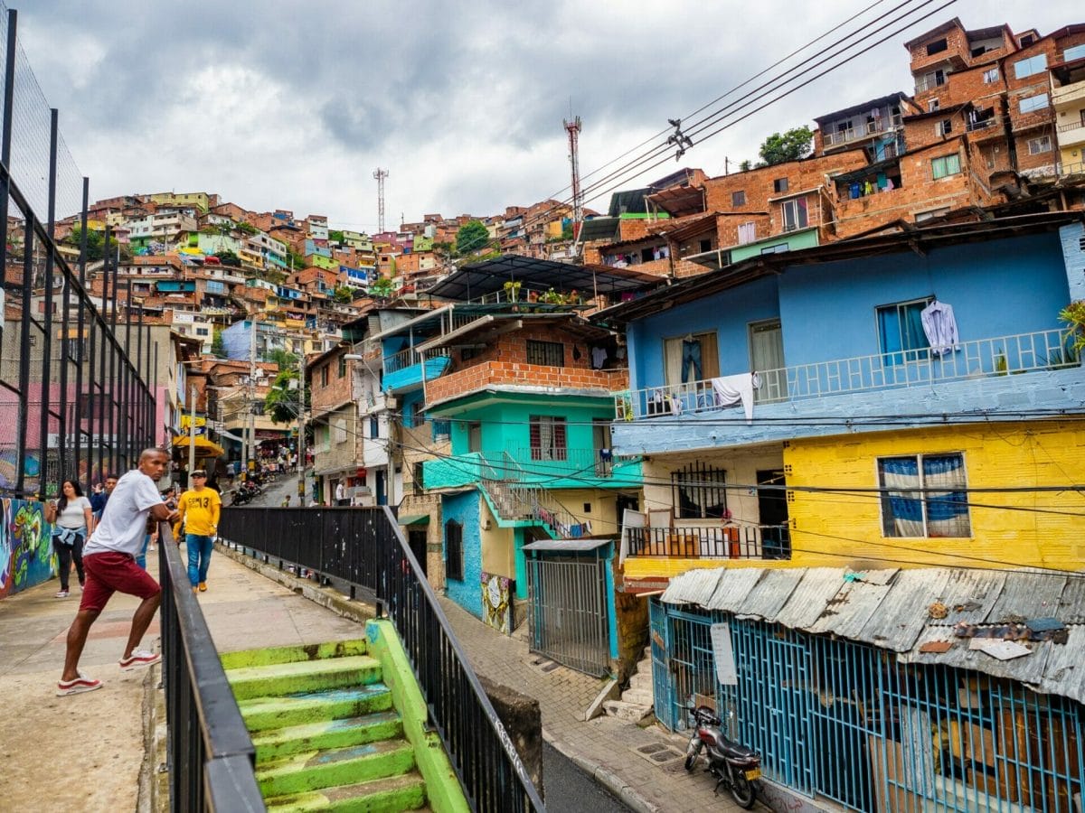 Colourful street barrio Comuna 13 Medellin Colombia